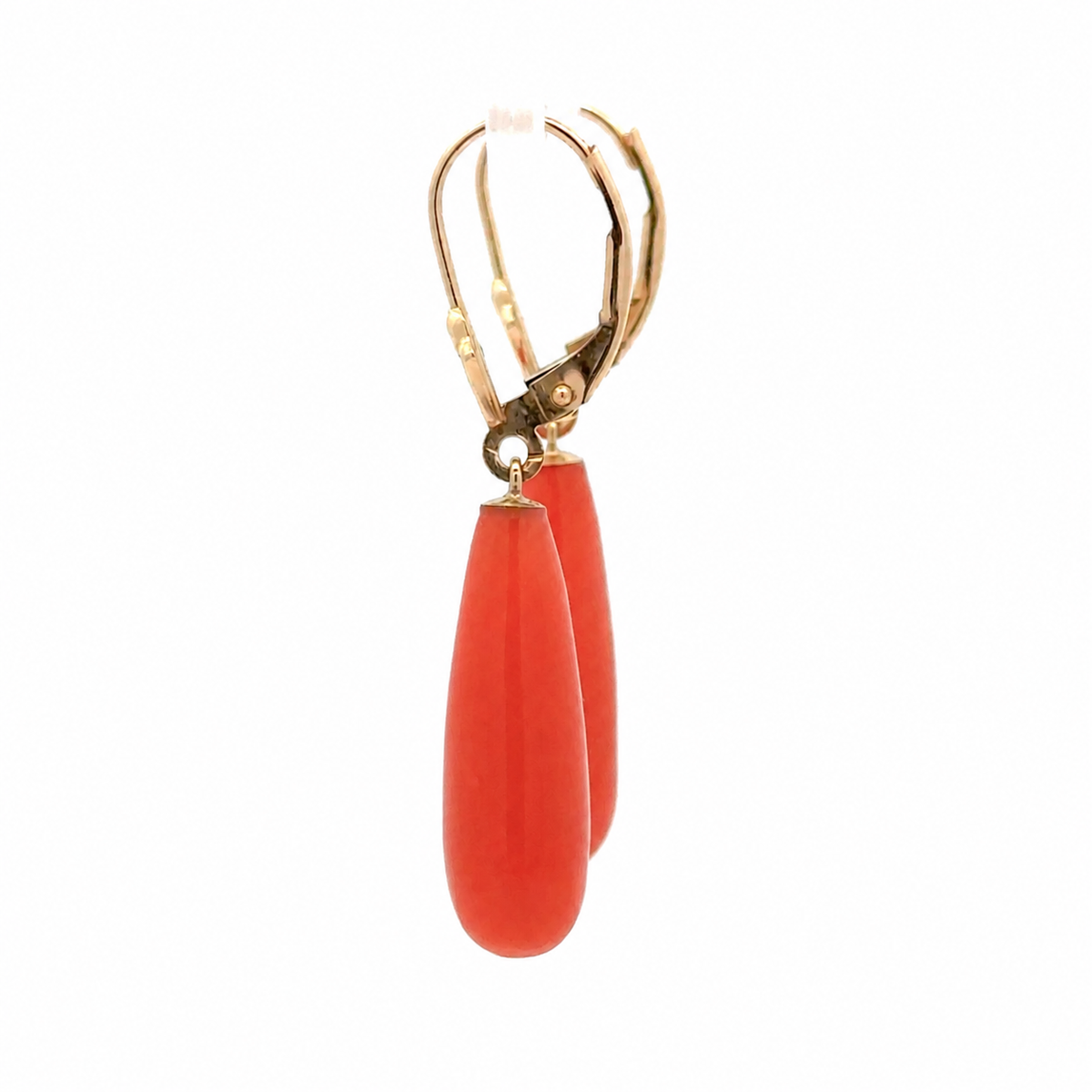 Natural Italian Coral Briolette Drop Earrings in 14K Yellow Gold