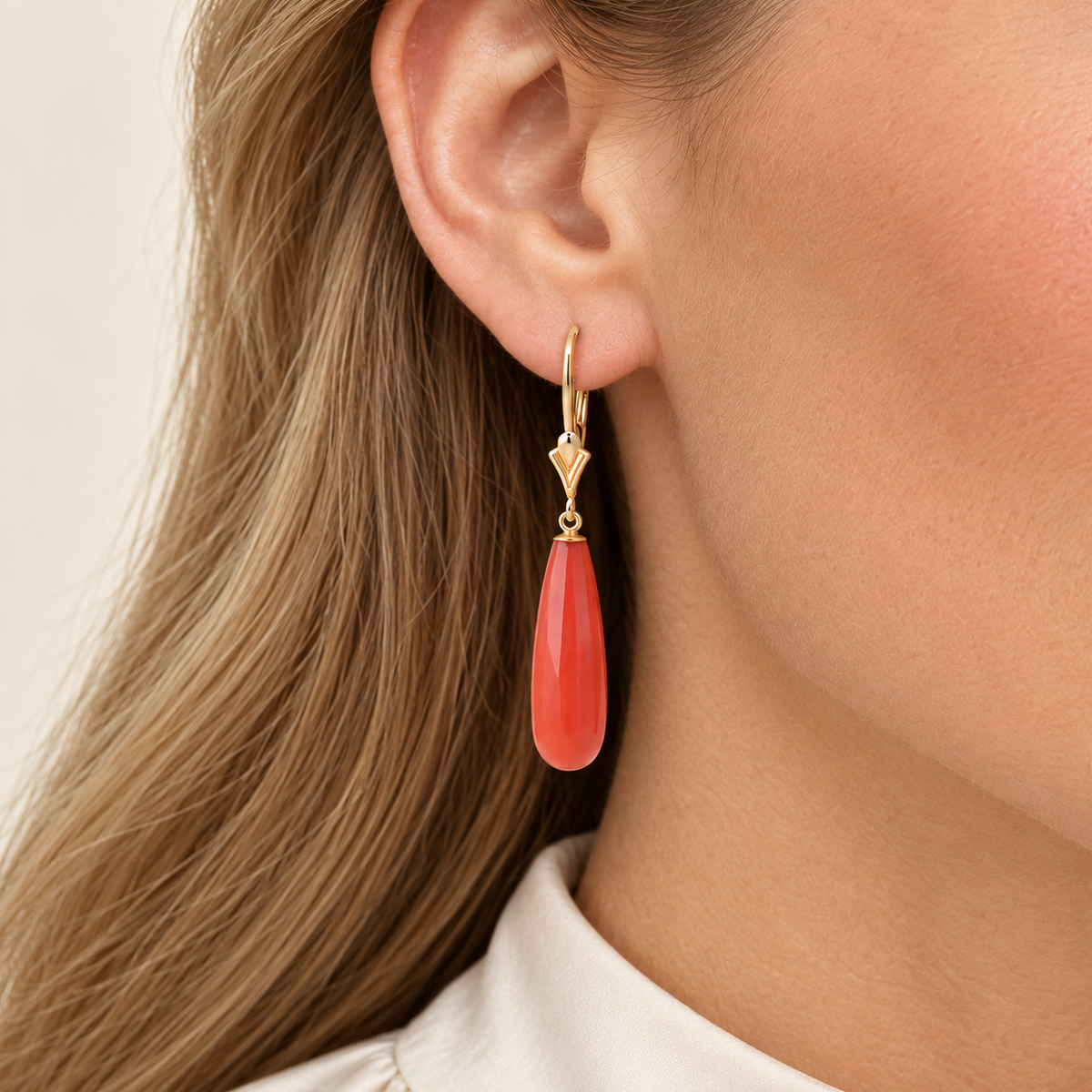 Natural Italian Coral Briolette Drop Earrings in 14K Yellow Gold