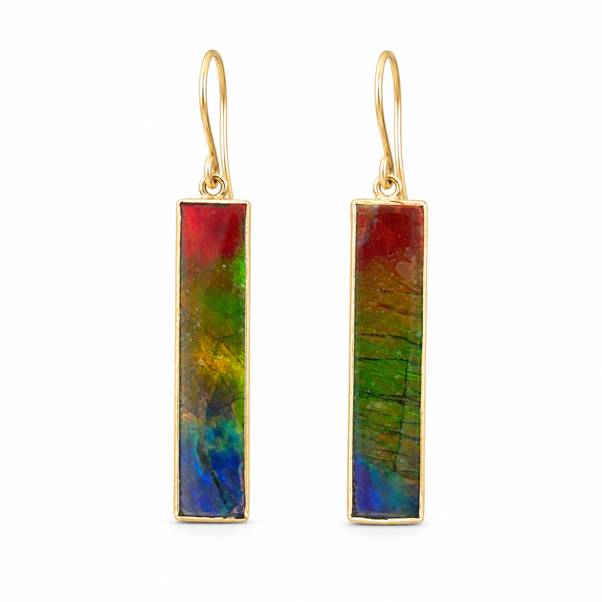18KY Gold, 8.61cttw Bezel Set Ammolite Cab Rectangles, Earring Pairs – main view