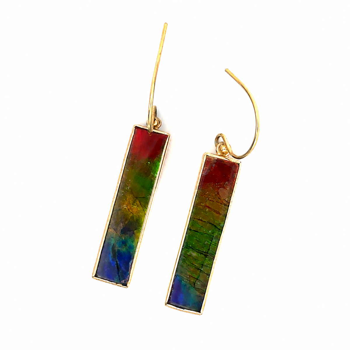 18KY Gold, 8.61cttw Bezel Set Ammolite Cab Rectangles, Earring Pairs – front view