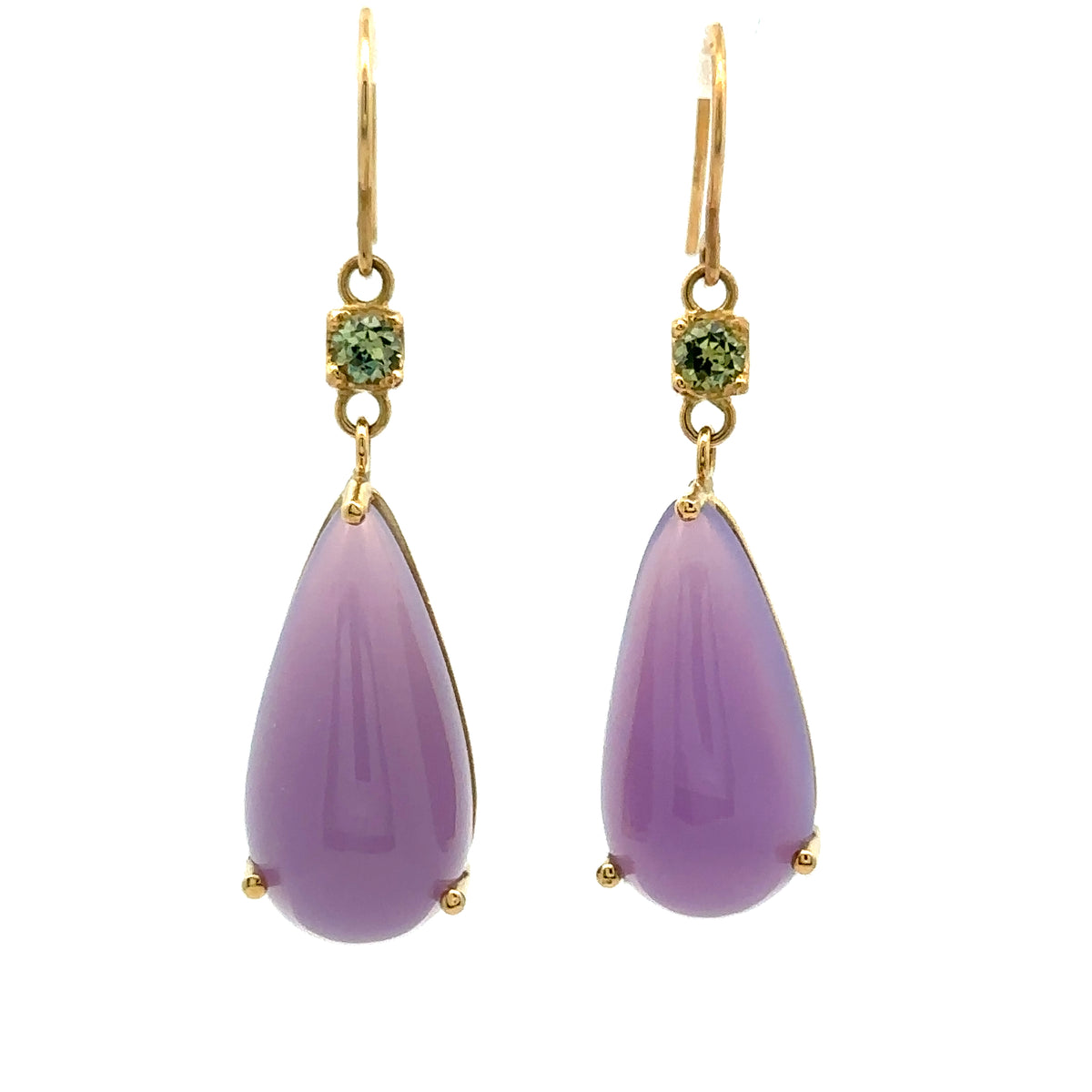18KY Gold, 23.50cttw, 21.26x10.71mm Ethiopian Chalcedony with Demantoid Garnet 3.5mm Prong Setting with French wire Setting Pair of Earrings – main view