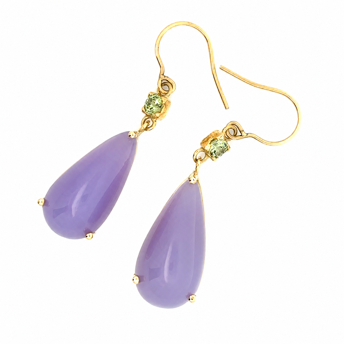 18KY Gold, 23.50cttw, 21.26x10.71mm Ethiopian Chalcedony with Demantoid Garnet 3.5mm Prong Setting with French wire Setting Pair of Earrings – front view