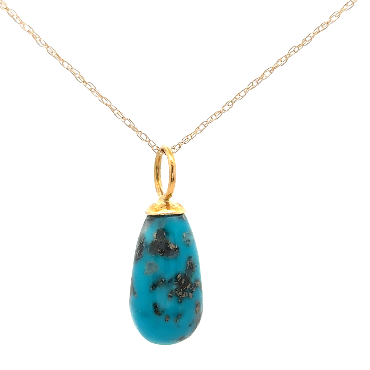 18KY Gold Persian Turquoise Briolette Pendant with 14KY Gold 18-inch-long chain – main view
