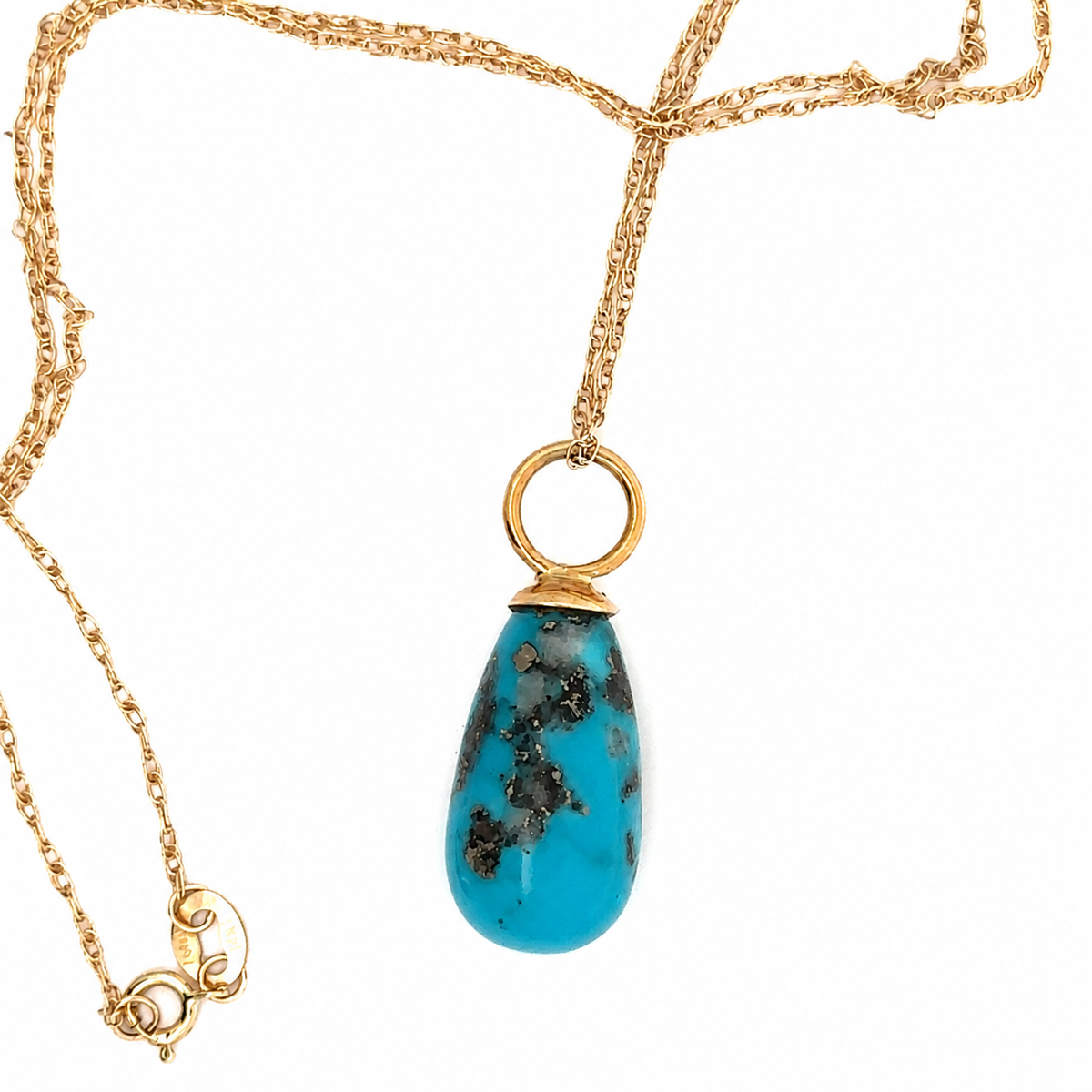 18KY Gold Persian Turquoise Briolette Pendant with 14KY Gold 18-inch-long chain – front view
