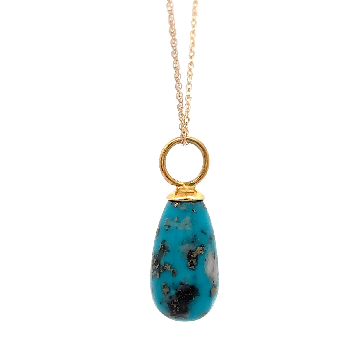 18KY Gold Persian Turquoise Briolette Pendant with 14KY Gold 18-inch-long chain – side view
