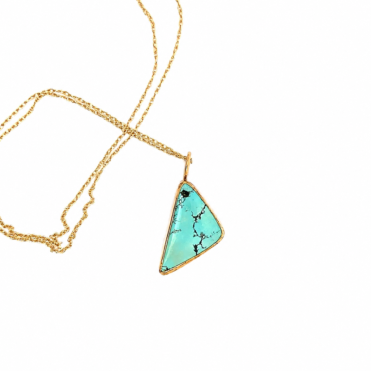 18KY Gold Uzbek Turquoise Bezel Set Pendant with 14KY Gold Clasp Black Cord – front view