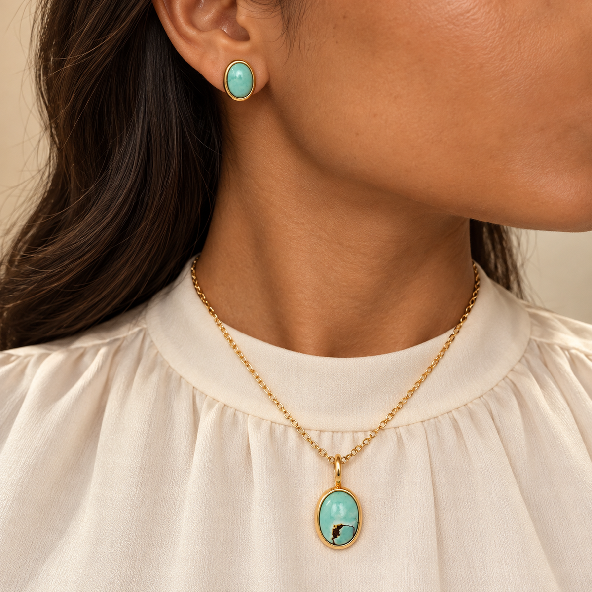 Natural Poseidon Mine Variscite Pendant and Earring Suite in 18K Yellow Gold
