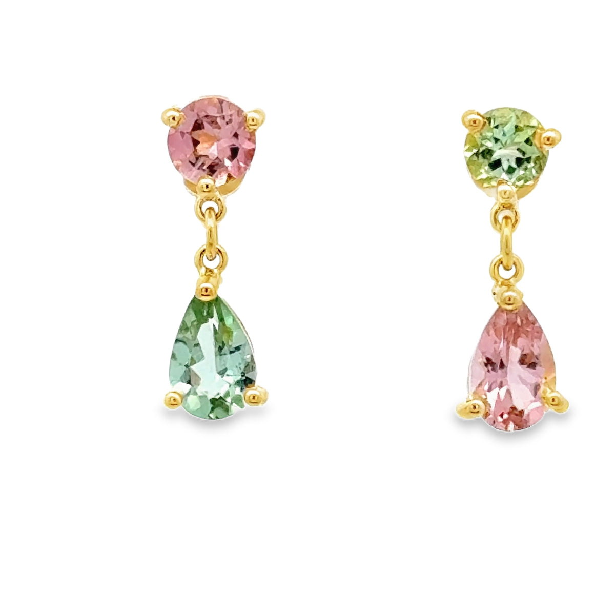 18KY Gold, ~2.7cttw Multi Color Tourmaline, Rounds & Pears, Prong Set, Dangles with Post Backs – main view