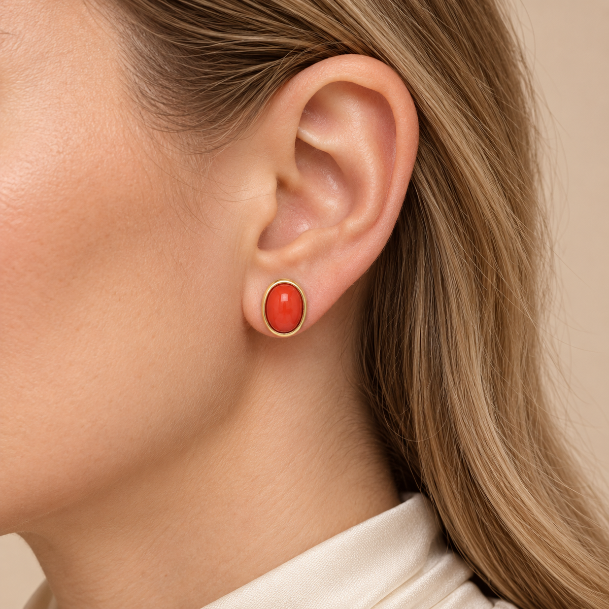Natural Coral Oval Stud Earrings in 18K Yellow Gold