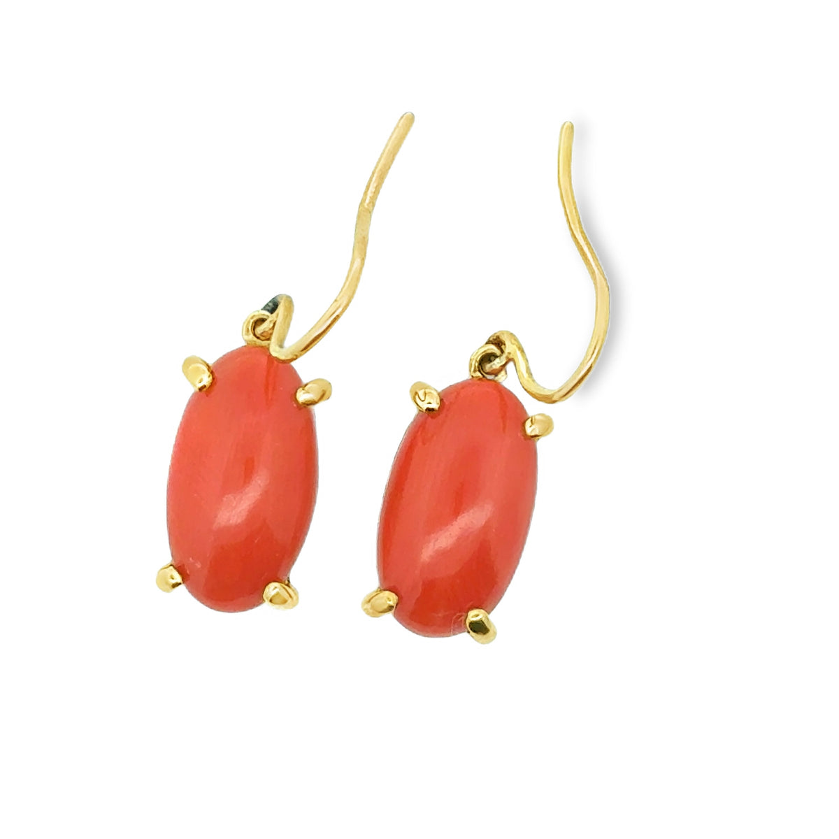 18KY Gold, 5.54cttw, 14x8mm Precious Coral, 2pcs, Ovals, Cert, Prong Set Dangles Earring, French Hook – top view