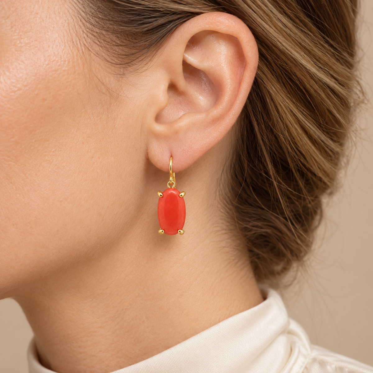 Natural Precious Coral Drop Earrings in 18K Yellow Gold