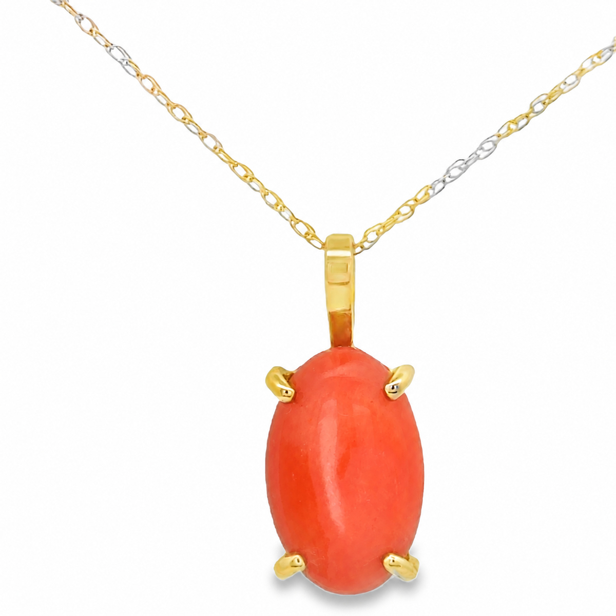 18KY Gold, 5.68ct, 17x11mm Precious Coral, Oval, Prong Set Pendant with 18KY Gold 18-inch Chain – detail view