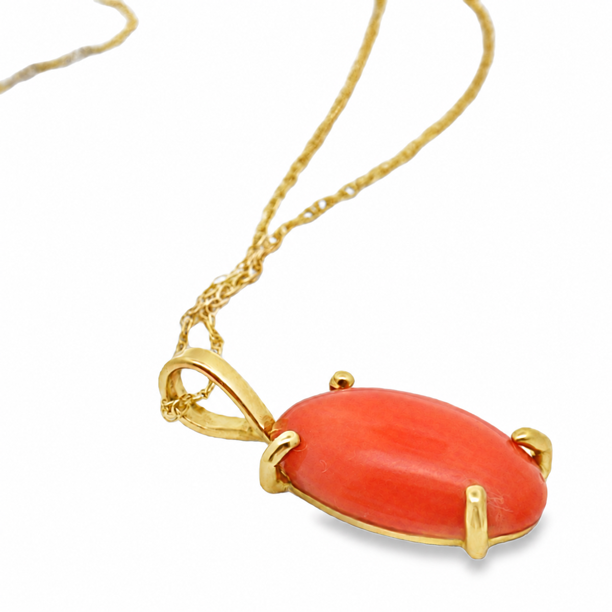 18KY Gold, 5.68ct, 17x11mm Precious Coral, Oval, Prong Set Pendant with 18KY Gold 18-inch Chain – side view