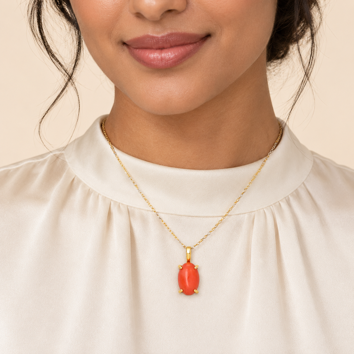 Natural Precious Coral Pendant in 18K Yellow Gold