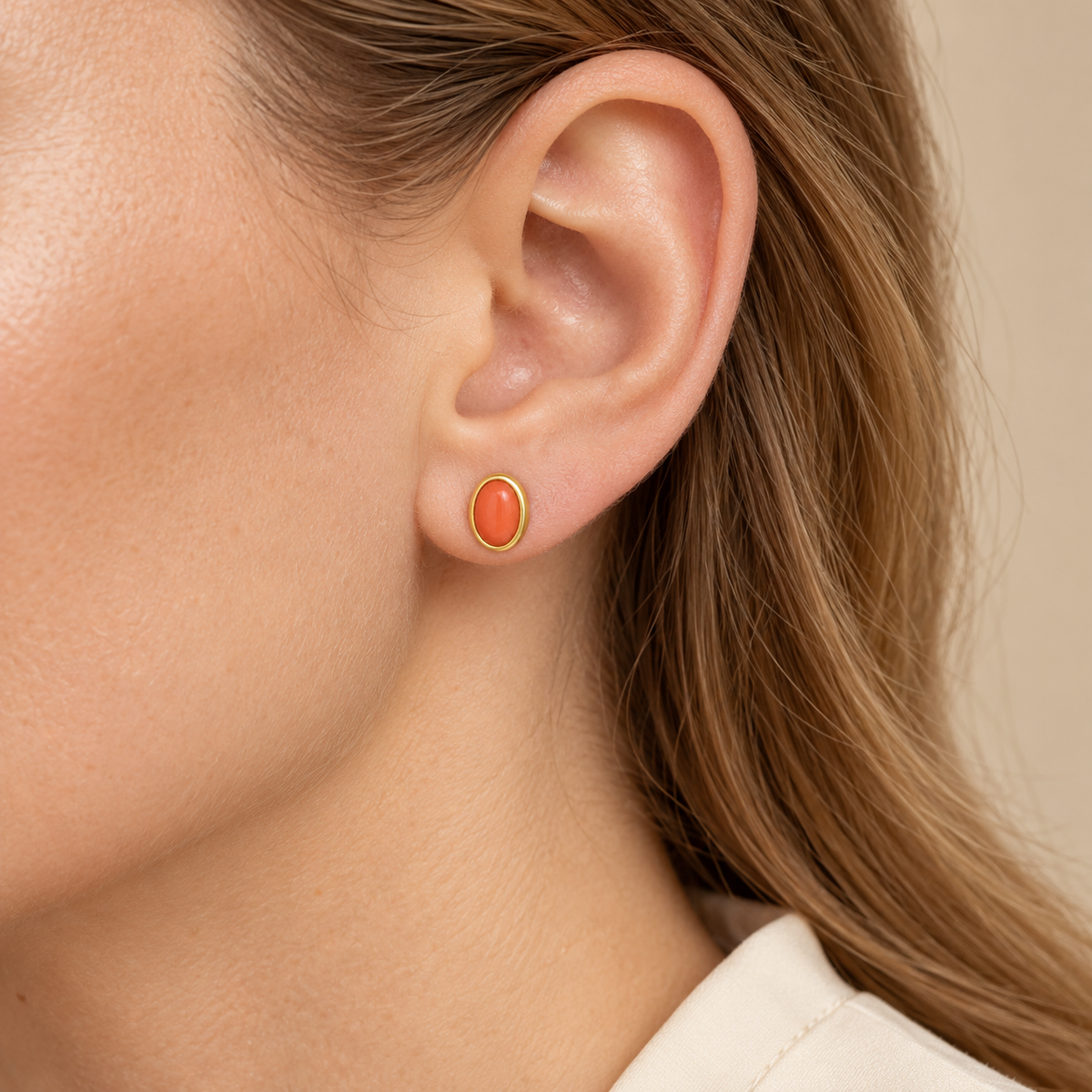 Natural Coral Oval Stud Earrings in 18K Yellow Gold