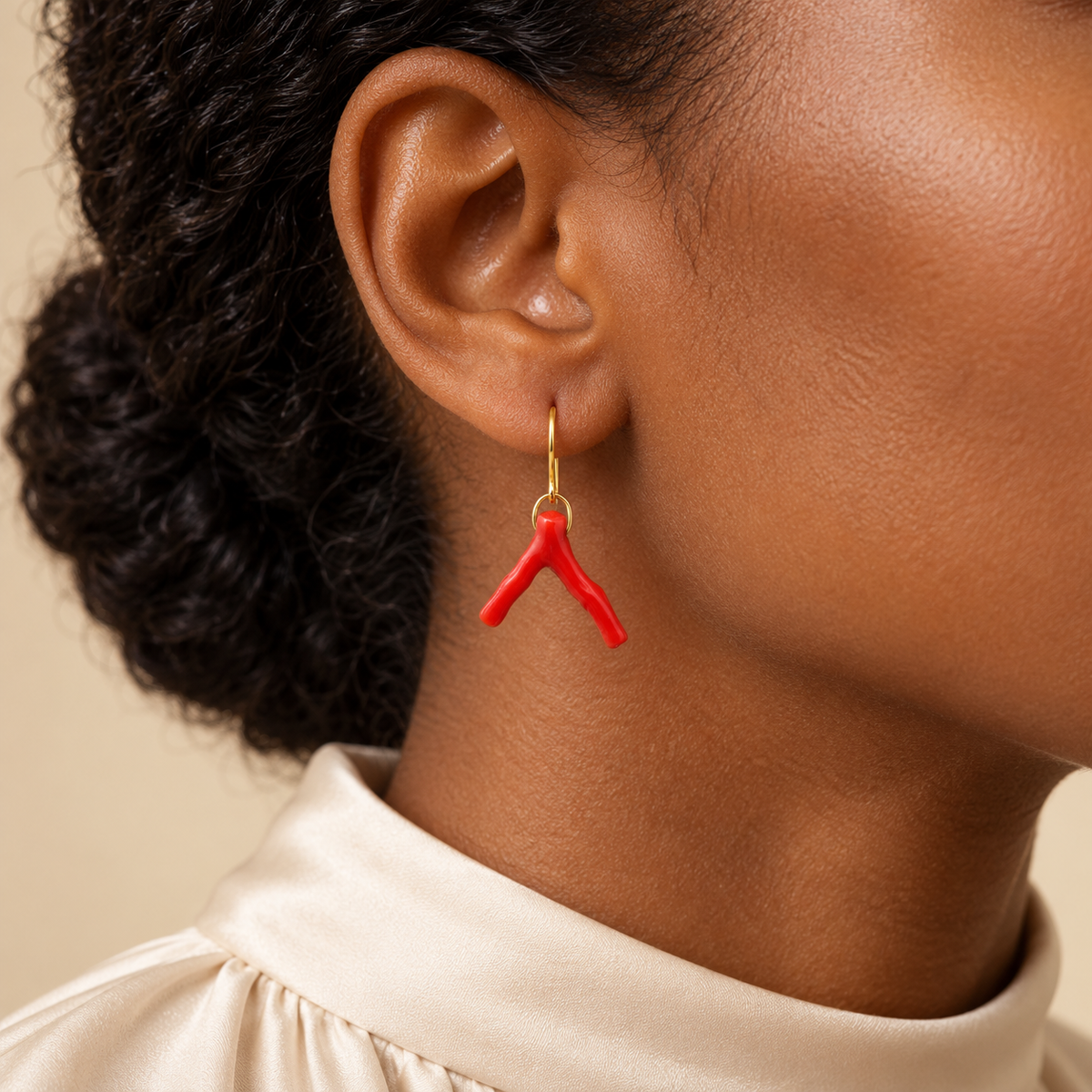 Natural Italian Coral Branch Drop Earrings in 18K Yellow Gold