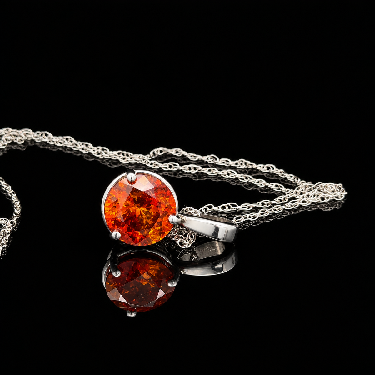 3.60ct Sphalerite-Spain, Orange, 9.02mm, Round, set in 14KW Gold Prong Set with 14KW Gold 1mm 18” Rope Chain – front view