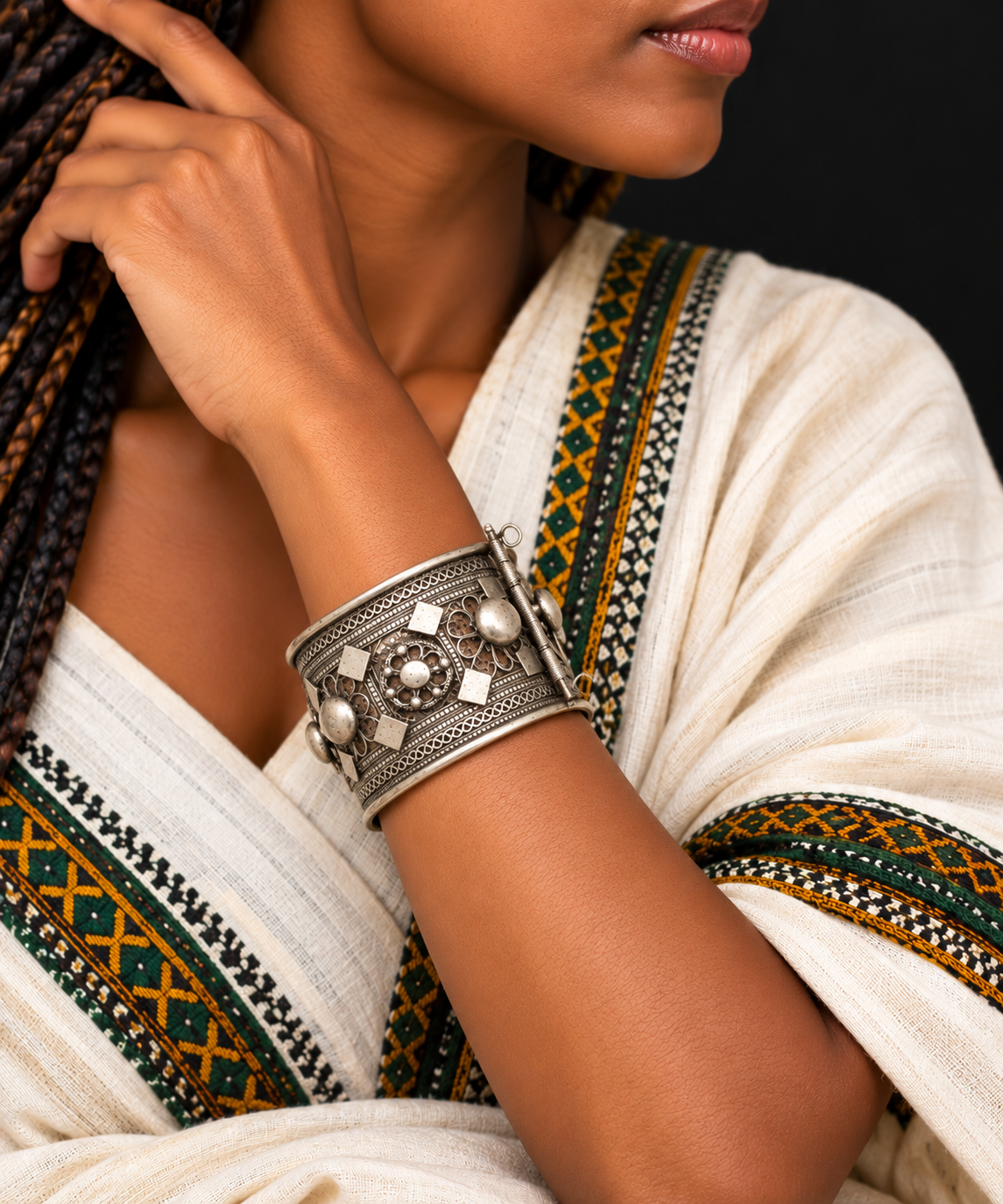 Ethiopian Antique Silver Mix Bracelet with Pin